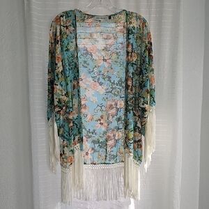 Veronica M Floral Kimono with Fringe